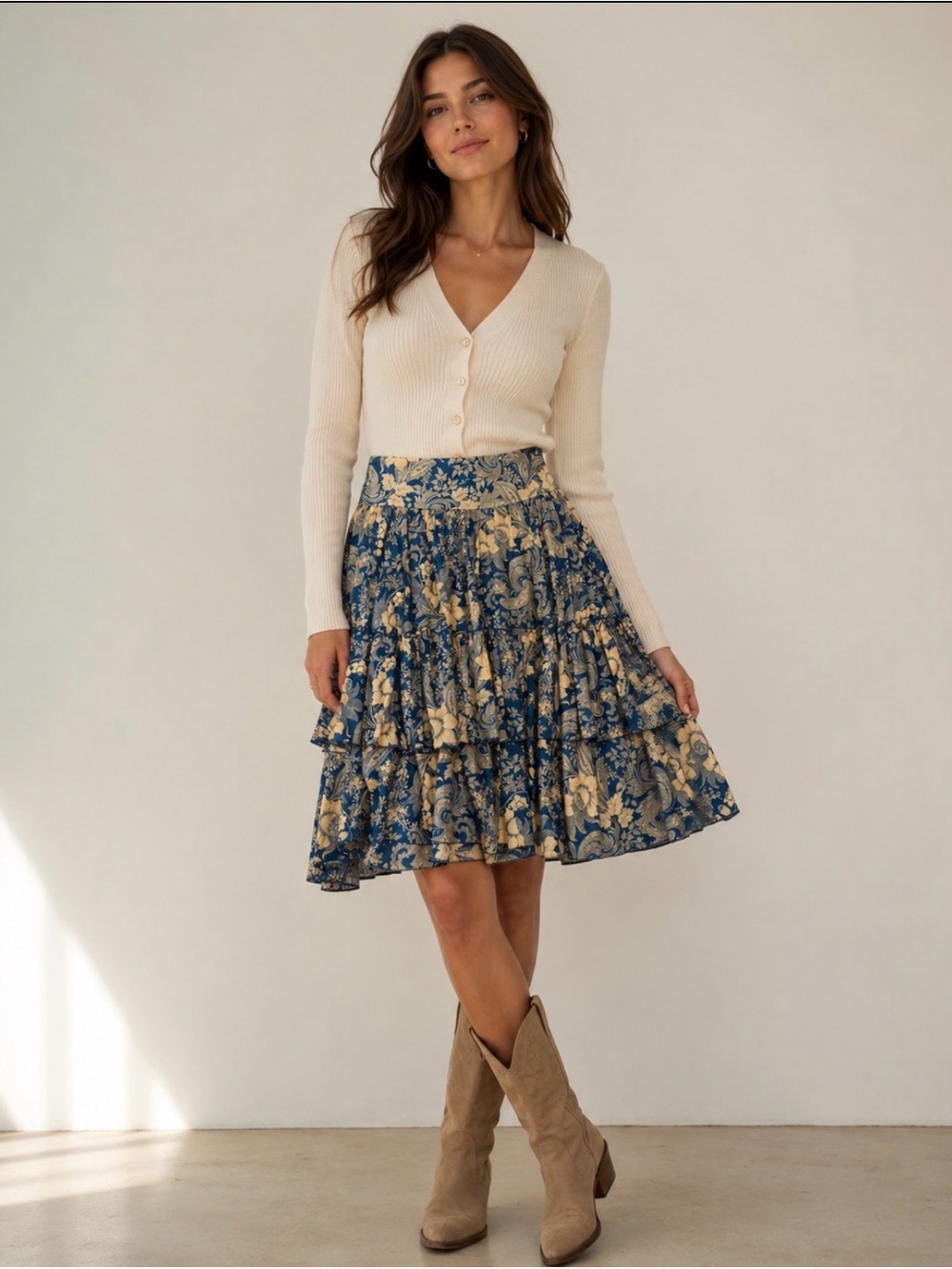Lauren Ralph Lauren Blue Floral Tiered Midi Skirt Size 6